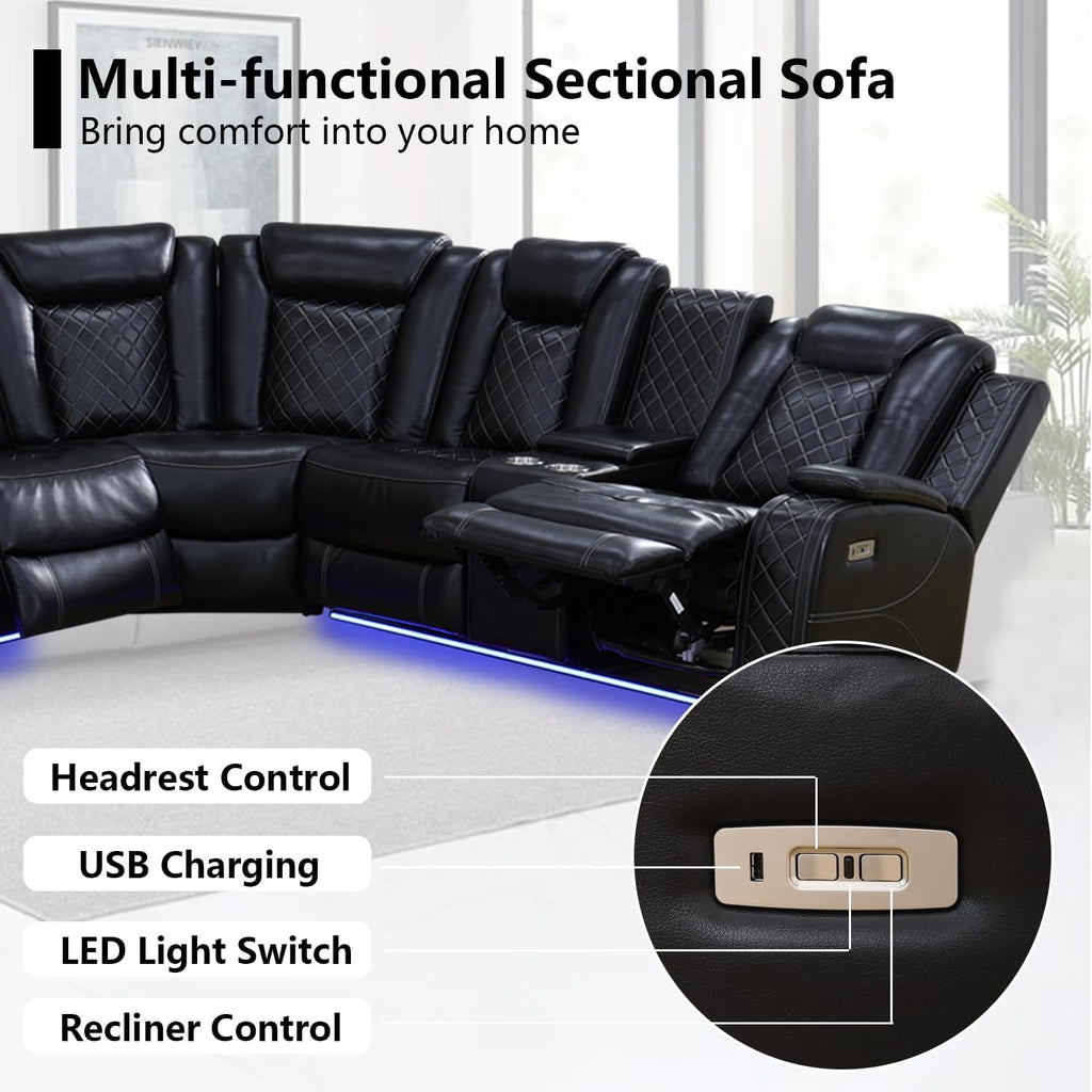 Black Leather Power Reclining Sectional Sofa P1874