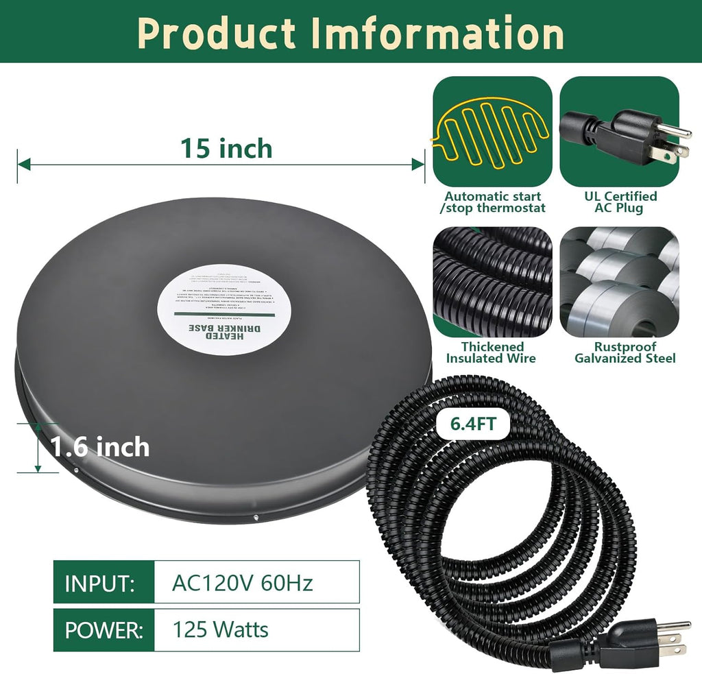 15IN 125W Heated Chicken Waterer Base with Thermostat O8546