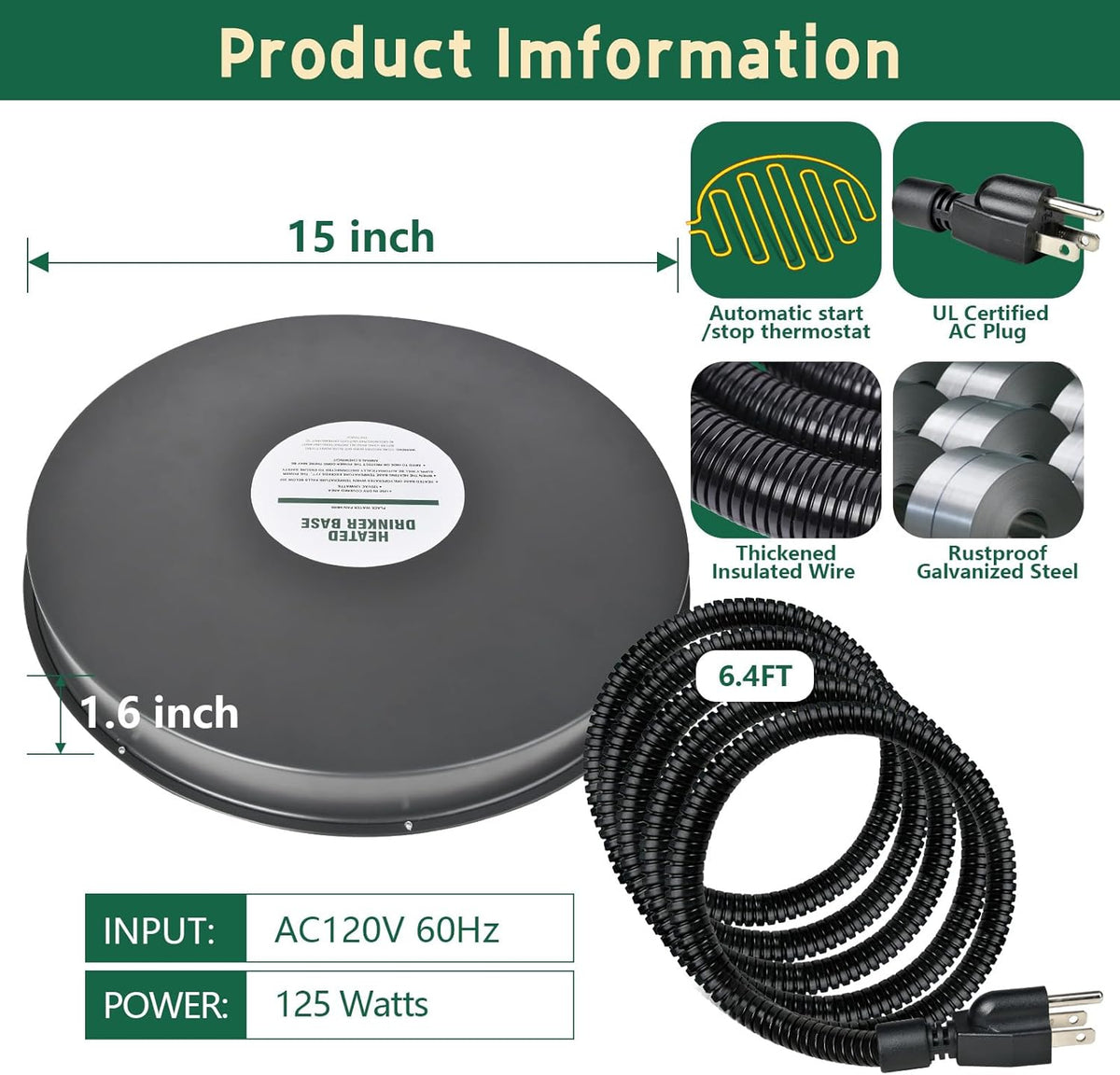 15IN 125W Heated Chicken Waterer Base with Thermostat O8546