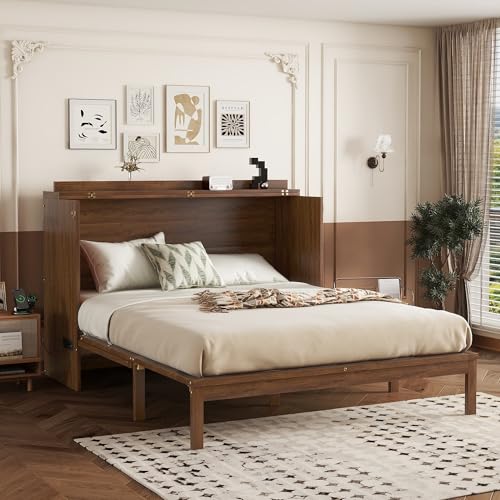 Queen Murphy Bed Cabinet with Charging Station & Rattan Design – Wall Bed with Large Storage Drawer, Foldable Platform Bed – Pine Wood Construction, Walnut L94620