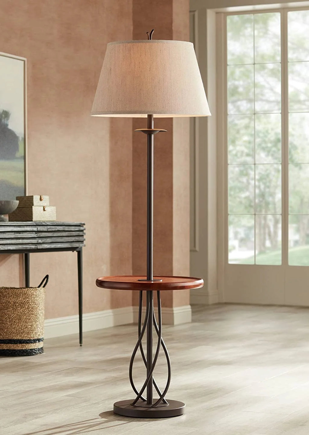 Rustic Farmhouse Floor Lamp with Tray End Table 63.5" Tall Wood Twisted Iron Base Brown Linen Fabric Tapered Drum Shade A599932