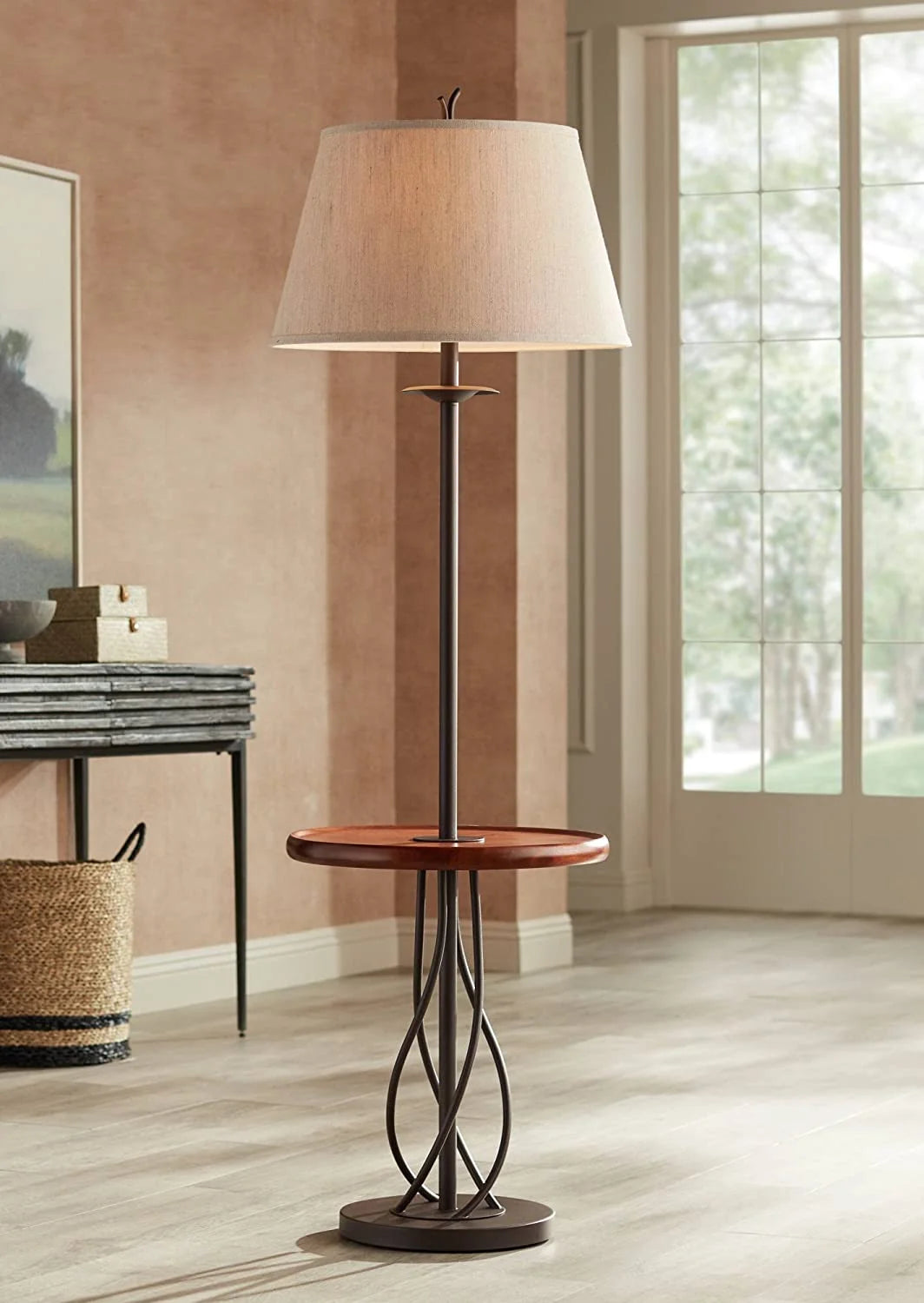Rustic Farmhouse Floor Lamp with Tray End Table 63.5" Tall Wood Twisted Iron Base Brown Linen Fabric Tapered Drum Shade A599932