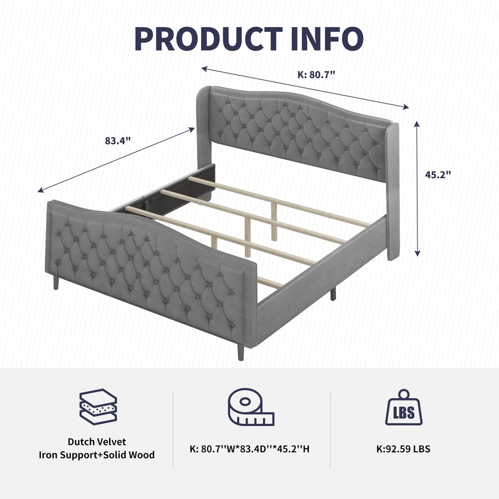 King Size Button Tufted Velvet Platform Bed Frame, Silver Grey E6280