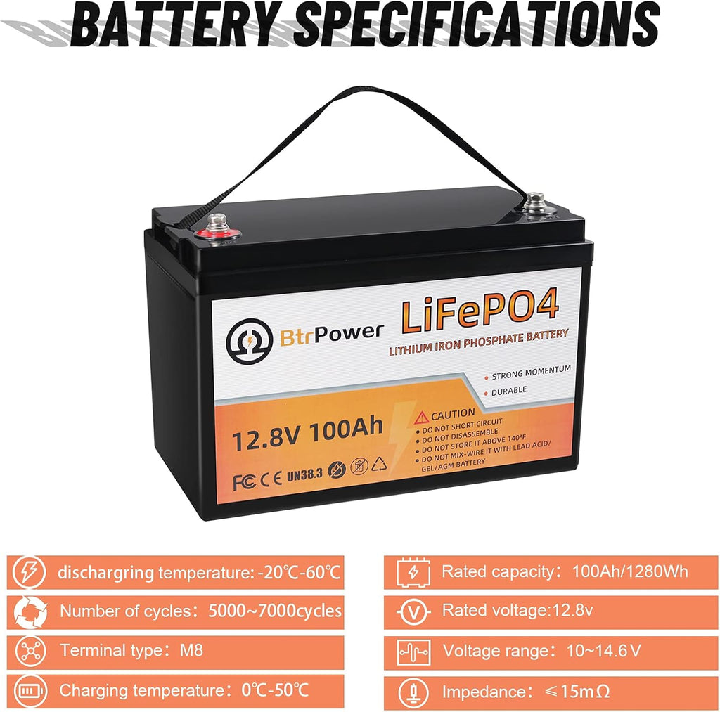 2 Pack 12V 100Ah LiFePO4 Deep Cycle Rechargeable Battery with 100A BMS S2159