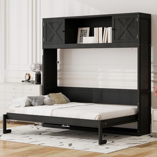 Black Full Horizontal Murphy Bed with Shelves and Storage Bookcase Z733736