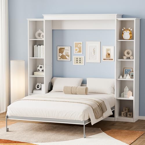 Queen Murphy Bed with Storage Bookcase & 4 Adjustable Shelves, White Wood Wall Bedframe with Metal Legs Q28058