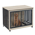 Grey Wooden Dog Crate with Double Doors and Pull-Out Dog Bowls I22260