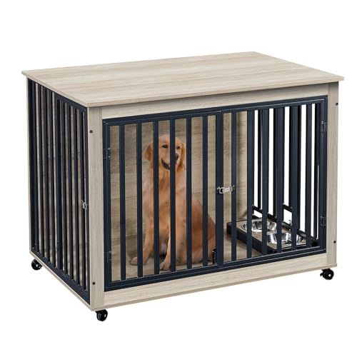 Grey Wooden Dog Crate with Double Doors and Pull-Out Dog Bowls I22260