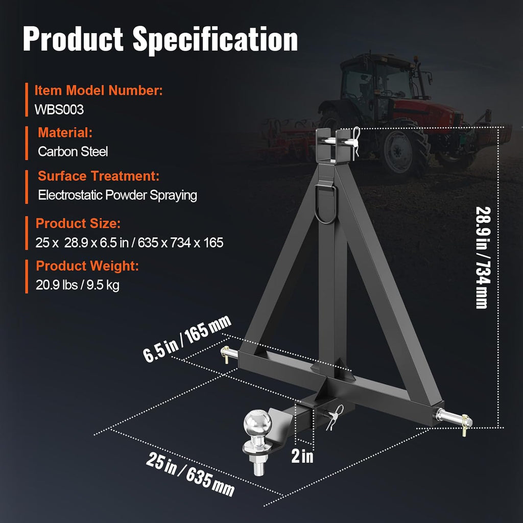 3 Point 2" Receiver Trailer Hitch Category 1 Tractor Tow Drawbar Adapter with Pins G99535