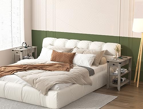 Set of 2 Narrow Side Table with Charging Station and Storage Drawer Rustic Grey B105