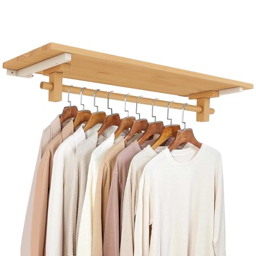 Solid Wooden Clothes Rack with Top Shelf, Wall Mounted Garment Rack W7880