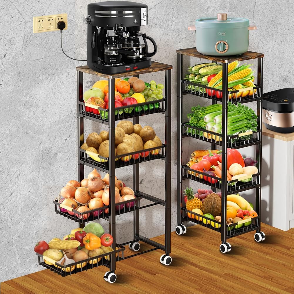 5 Tier Wire Basket with Wood Top and Wheels I273016