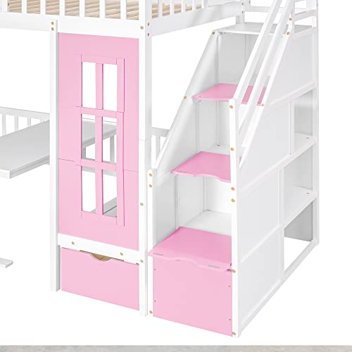 Pink Twin-Over-Twin Bunk Bed with Slide, 2 Drawers, 3 Shelves, Solid Wood A1533