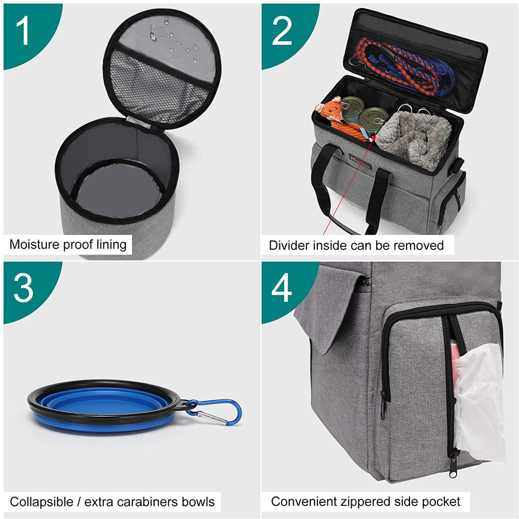 Dog Travel Bag with 2 Food Carriers, 2 Collapsible Bowls, and 1 Placemat T64176