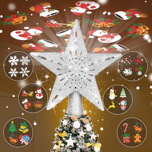 Silver 3D Glitter Lighted Christmas Tree Topper with Rotating LED Lights A958969