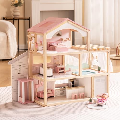 Pink Wooden Dollhouse with 6 Rooms and 29-pcs Furniture Set Q330901