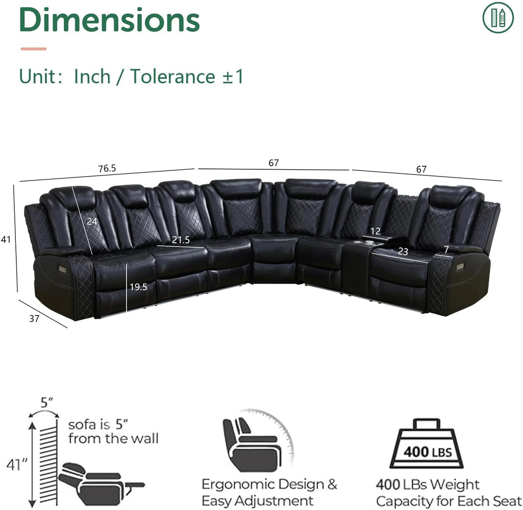 Black Leather Power Reclining Sectional Sofa P1874