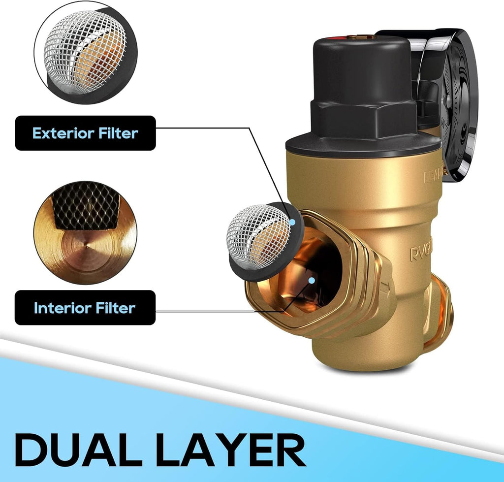Brass Lead-Free Adjustable RV Water Pressure Regulator Valve with Gauge and Inlet Screen Filter B382
