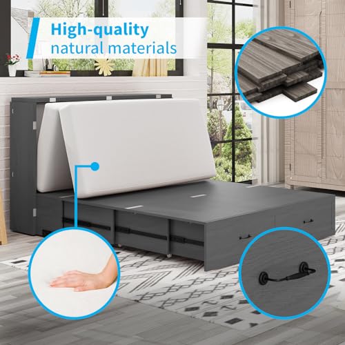 Queen Size Solid Wood Murphy Bed with Foam Mattress and 2 Storage Drawers R108855