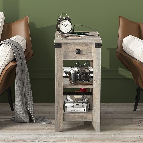 Set of 2 Narrow Side Table with Charging Station and Storage Drawer Rustic Grey B105