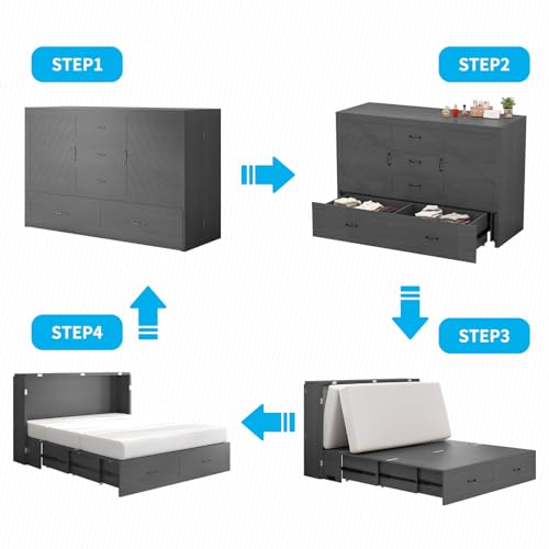 Queen Size Solid Wood Murphy Bed with Foam Mattress and 2 Storage Drawers R108855