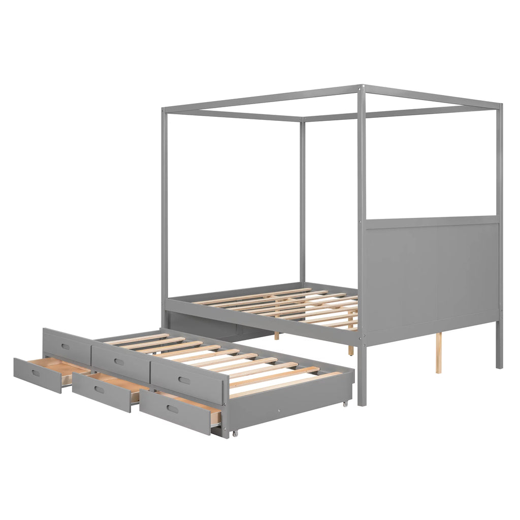 Gray Wooden Queen Platform Bed with Trundle and 3 Storage Drawers M708604