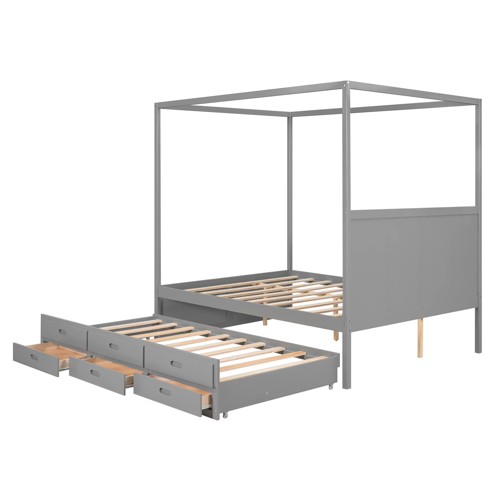 Gray Wooden Queen Platform Bed with Trundle and 3 Storage Drawers M708604