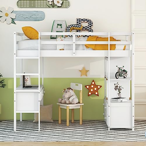 Full Size Solid Wood Loft Bed Frame with Desk and Storage H167