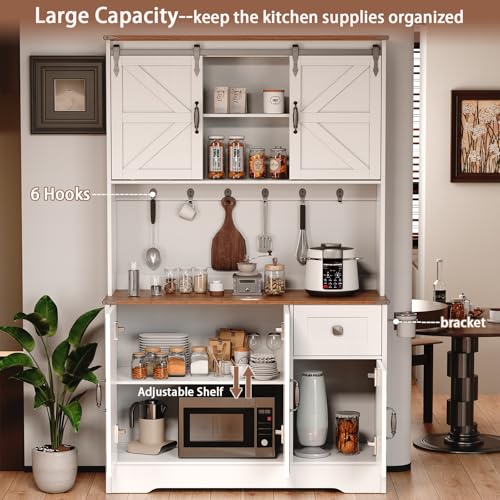 White Kitchen Pantry Cabinet with Charging Station and Microwave Stand X655