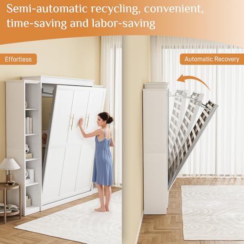 Queen Murphy Bed with Storage Bookcase & 4 Adjustable Shelves, White Wood Wall Bedframe with Metal Legs Q28058