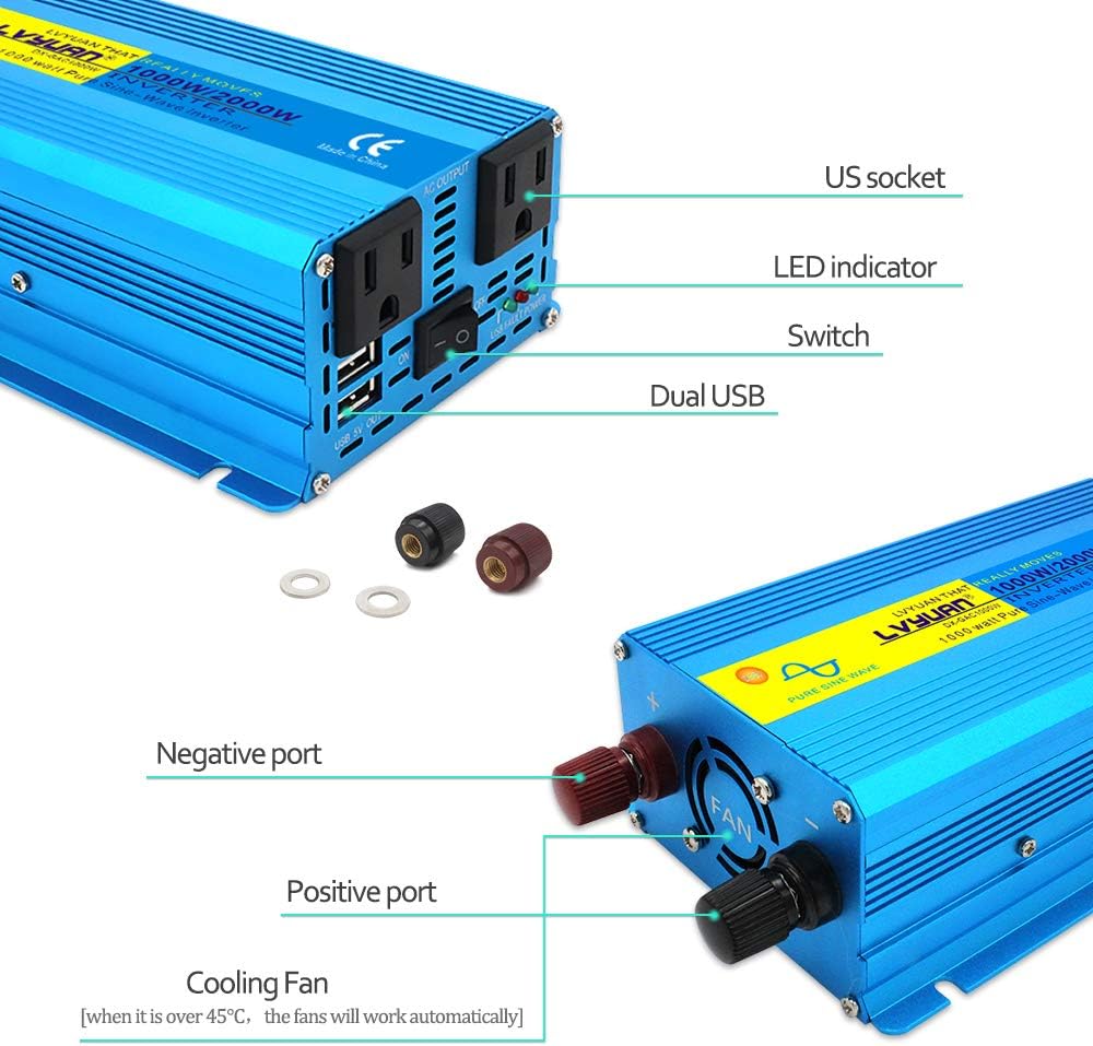 3000 Watt Pure Sine Wave Inverter 12V to 110V DC to AC with LCD Display 4 AC Sockets 4 USB Ports P5032