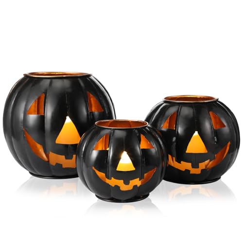 3 Sets Halloween Metal Jack O Lanterns Pumpkin with 3 LED Candles with Black Creepy Cloth Decoration Bundle S307