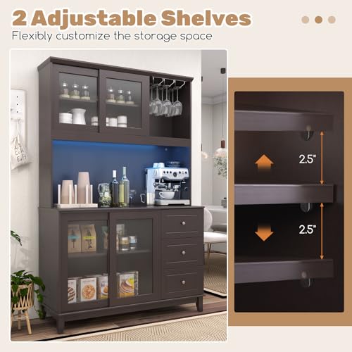 73" Kitchen Pantry Storage Cabinet with LED Lights & Power Outlet, Wine Glass Racks, Adjustable Shelves, Drawers (Espresso) C987129