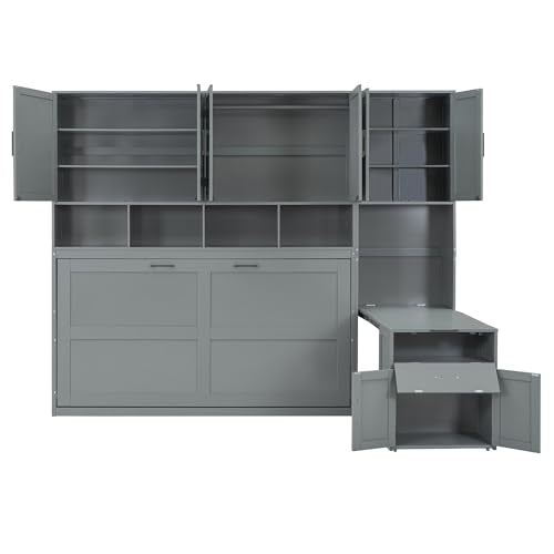White Twin Size Wooden Murphy Bed with Closet Drawers Desk Q21229