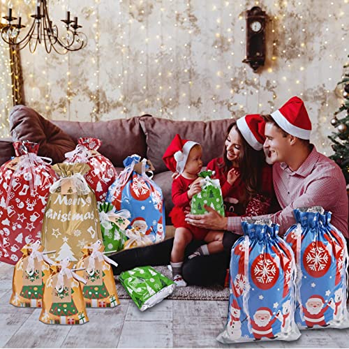 22pcs Drawstrings Christmas Gift Bags Assorted Sizes Reusable Plastic X778
