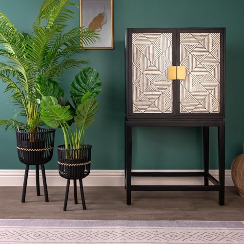 Set of 2 Bamboo Wood Planters on Stands, Brown/Black W43035