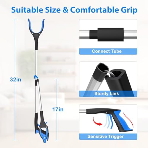 32" Foldable Reacher Grabber Tool with 360° Rotating Jaw & Magnet, Blue H120