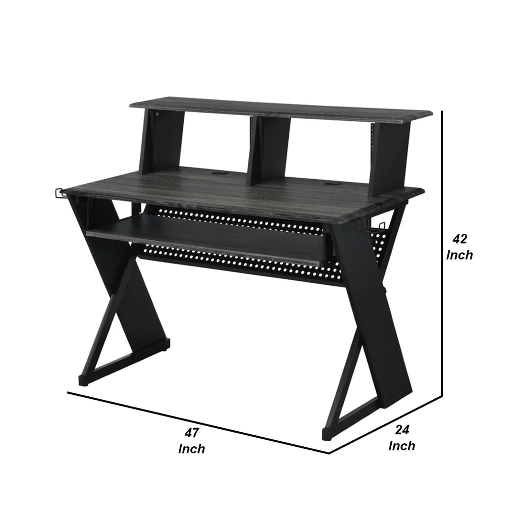 Gray Wood Music Desk Studio Station with Keyboard Tray and Shelves D340