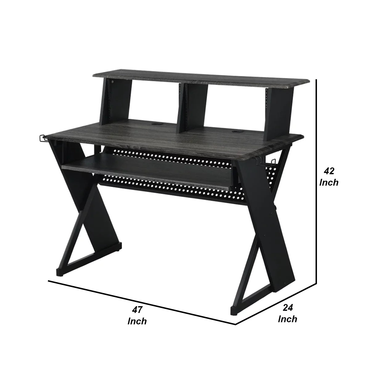 Gray Wood Music Desk Studio Station with Keyboard Tray and Shelves D340