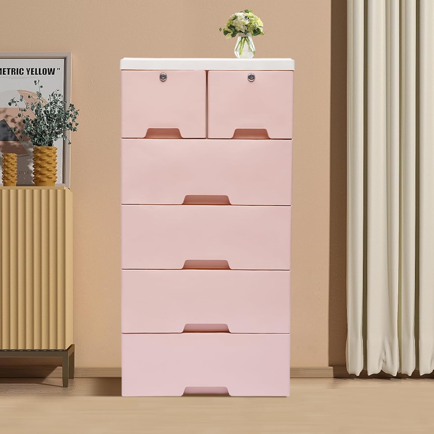 6 Drawers Pink Plastic Dresser with 4 Wheels A55257