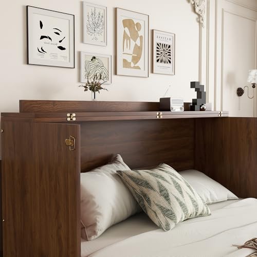 Queen Murphy Bed Cabinet with Charging Station & Rattan Design – Wall Bed with Large Storage Drawer, Foldable Platform Bed – Pine Wood Construction, Walnut L94620