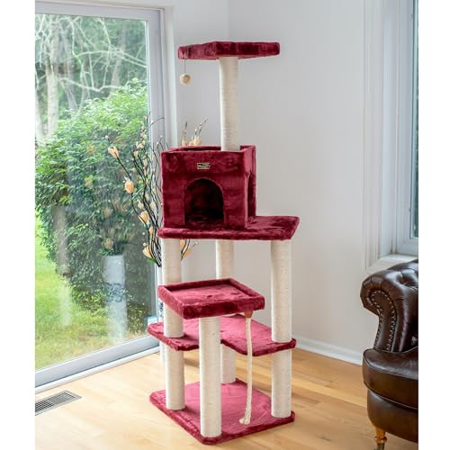 Burgundy Real Wood Cat Tower with Faux Fur J3499