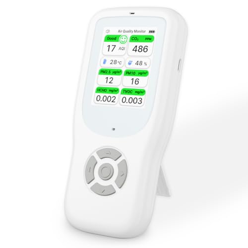 11-in-1 Air Quality Monitor with Stand for AQI, CO2, PM2.5, PM1.0, PM10, TVOC, HCHO, Particles, Temperature & Humidity (White-White) Y5851
