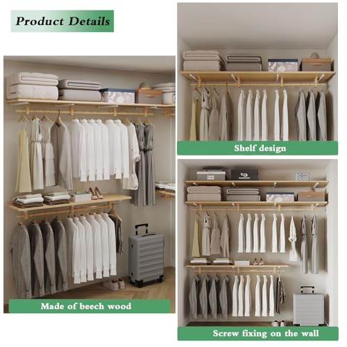 Solid Wooden Clothes Rack with Top Shelf, Wall Mounted Garment Rack W7880
