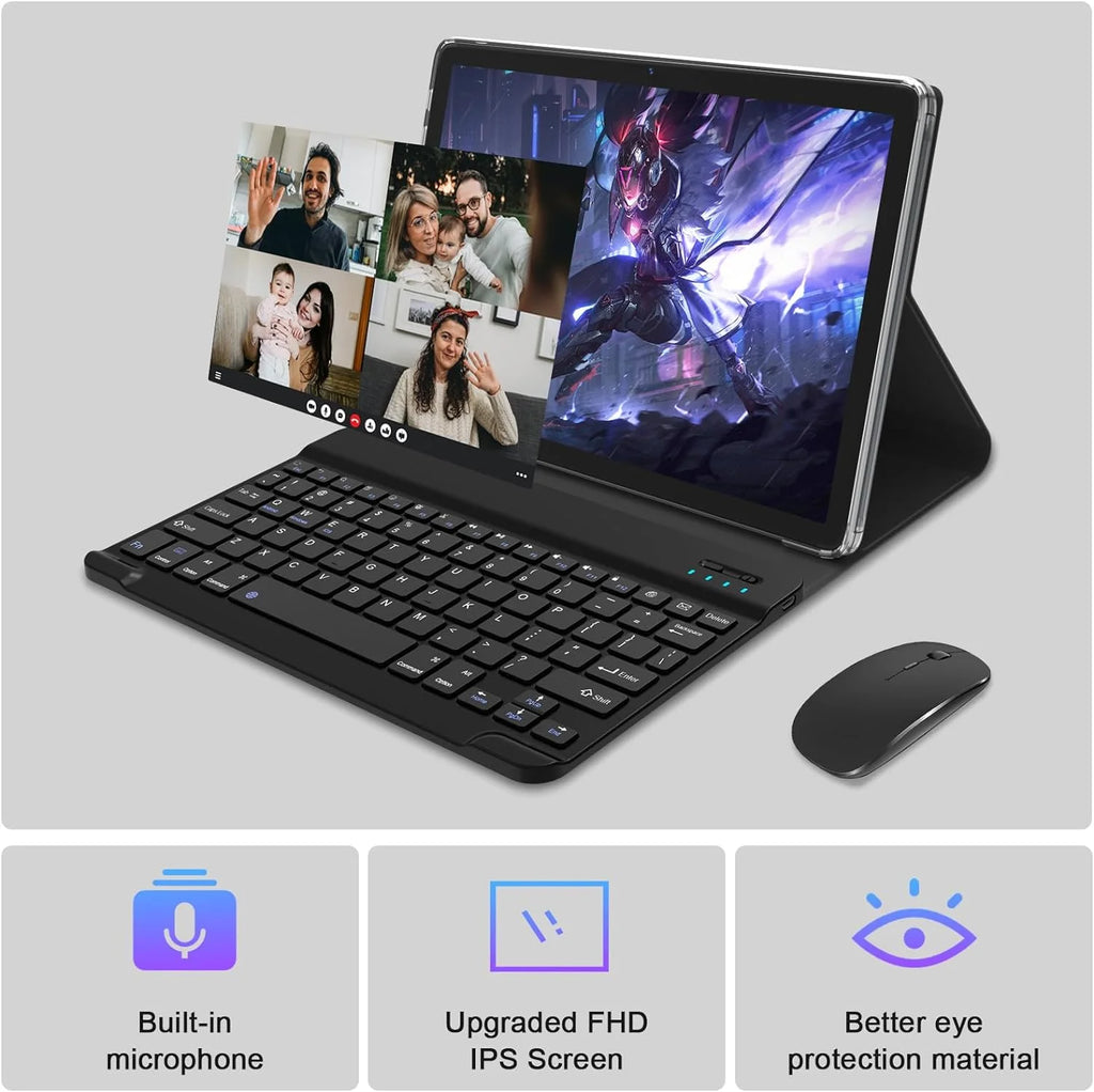 10 Inch Android Tablet with Keyboard, 128GB ROM + 16GB RAM, Octa-Core Processor R423