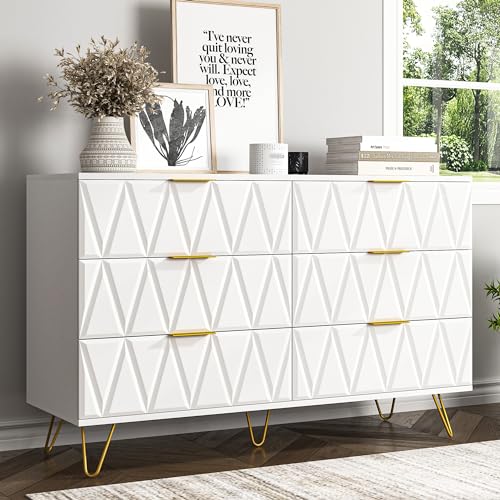 White 6 Drawer Wood Dresser with Gold Handles F653054