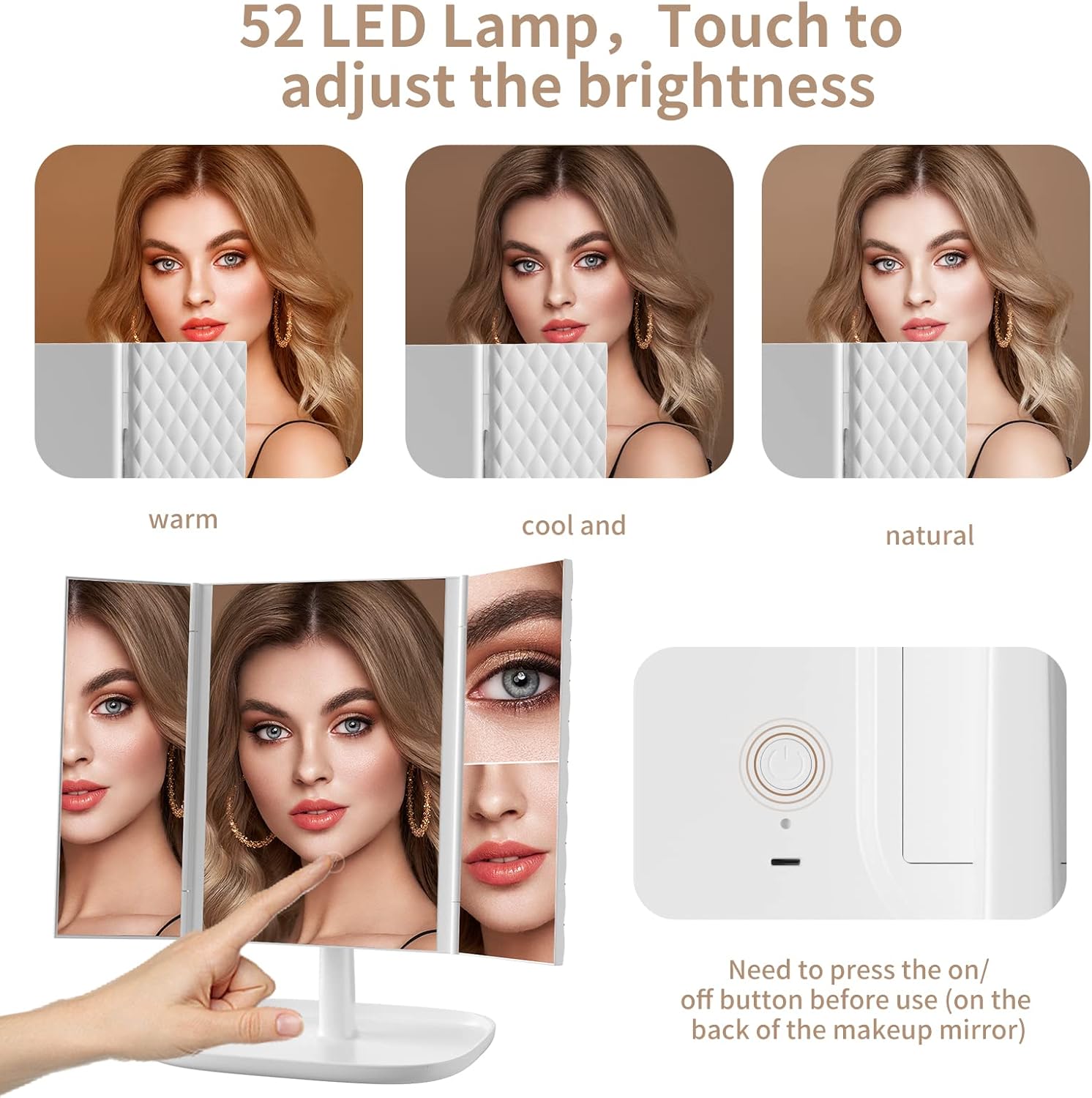 3 Color Lighting Modes 52 LED Trifold Portable Mirror with 1X 2X 3X Magnification J737