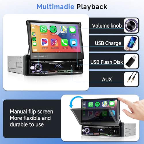 7" Flip Out Touchscreen Car Stereo with Wireless Carplay Android Auto Bluetooth AM/FM USB N5612