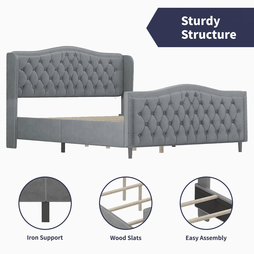 King Size Button Tufted Velvet Platform Bed Frame, Silver Grey E6280