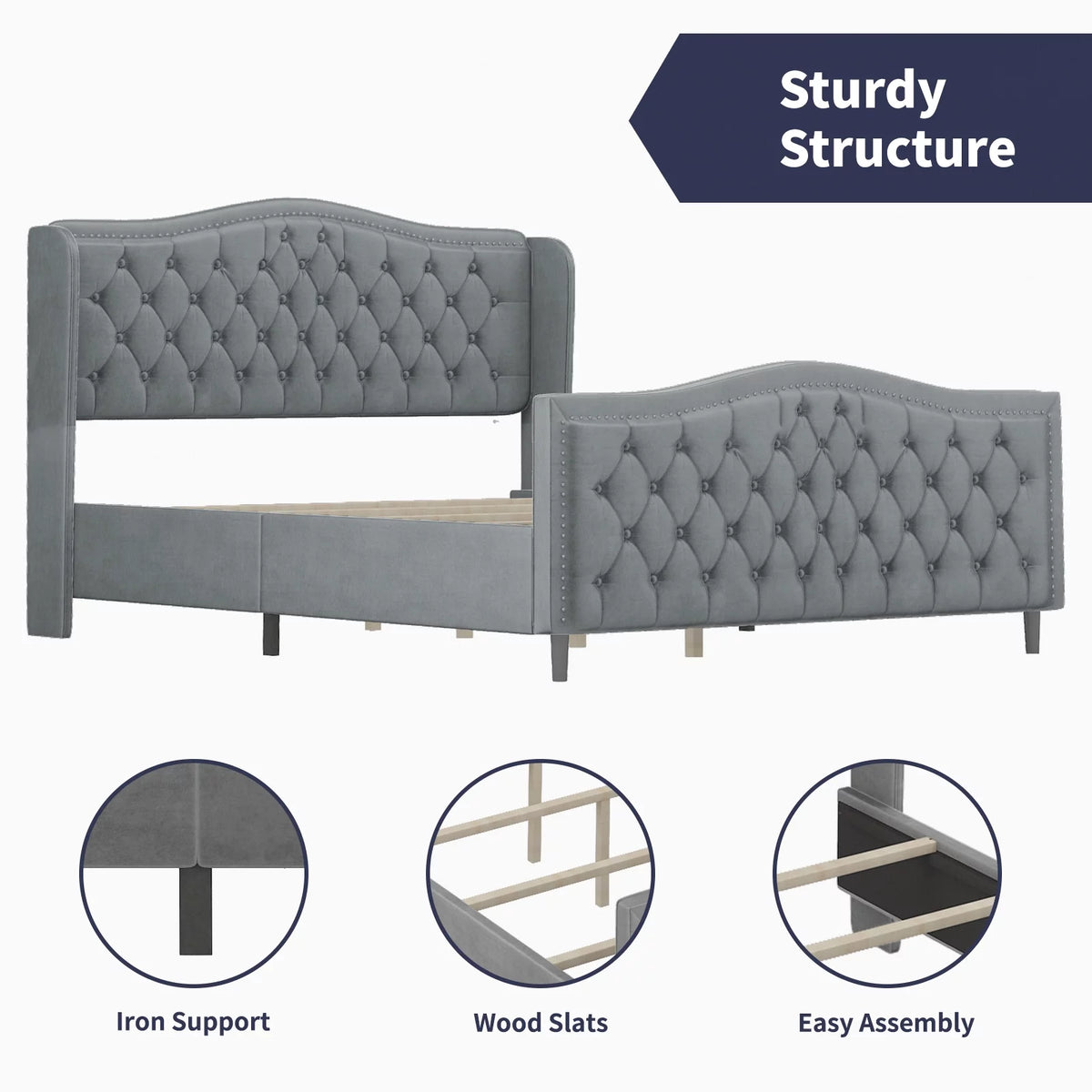 King Size Button Tufted Velvet Platform Bed Frame, Silver Grey E6280